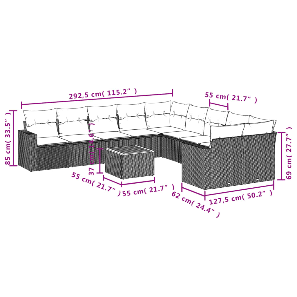 vidaXL 11-tlg. Garten-Sofagarnitur mit Kissen Grau Poly Rattan