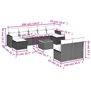 vidaXL 10-tlg. Garten-Sofagarnitur mit Kissen Schwarz Poly Rattan