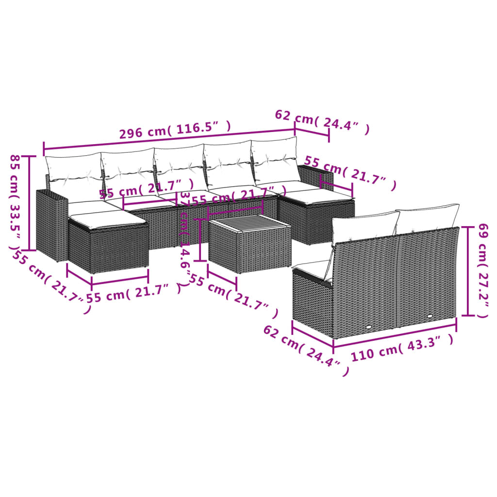 vidaXL 10-tlg. Garten-Sofagarnitur mit Kissen Schwarz Poly Rattan