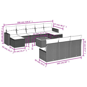 vidaXL 11-tlg. Garten-Sofagarnitur mit Kissen Schwarz Poly Rattan