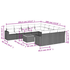 vidaXL 12-tlg. Garten-Sofagarnitur mit Kissen Schwarz Poly Rattan