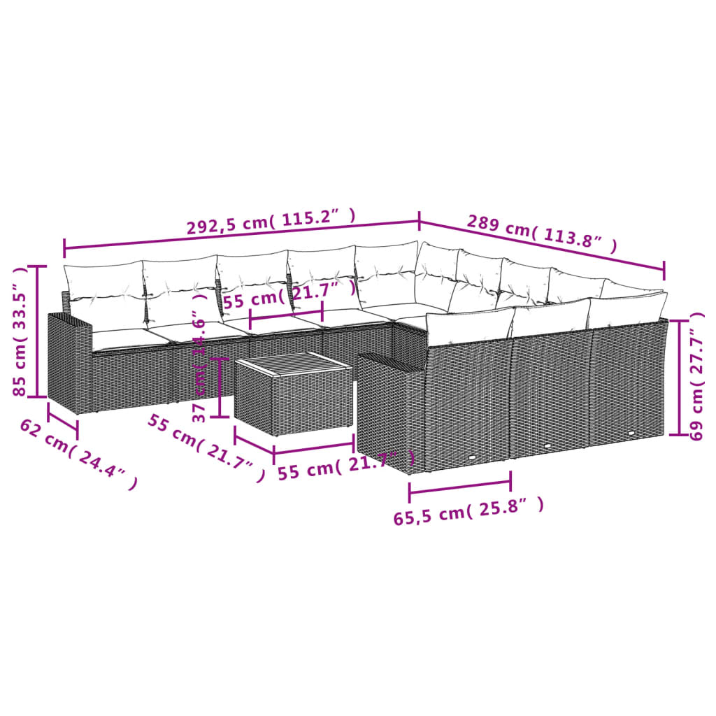 vidaXL 12-tlg. Garten-Sofagarnitur mit Kissen Grau Poly Rattan