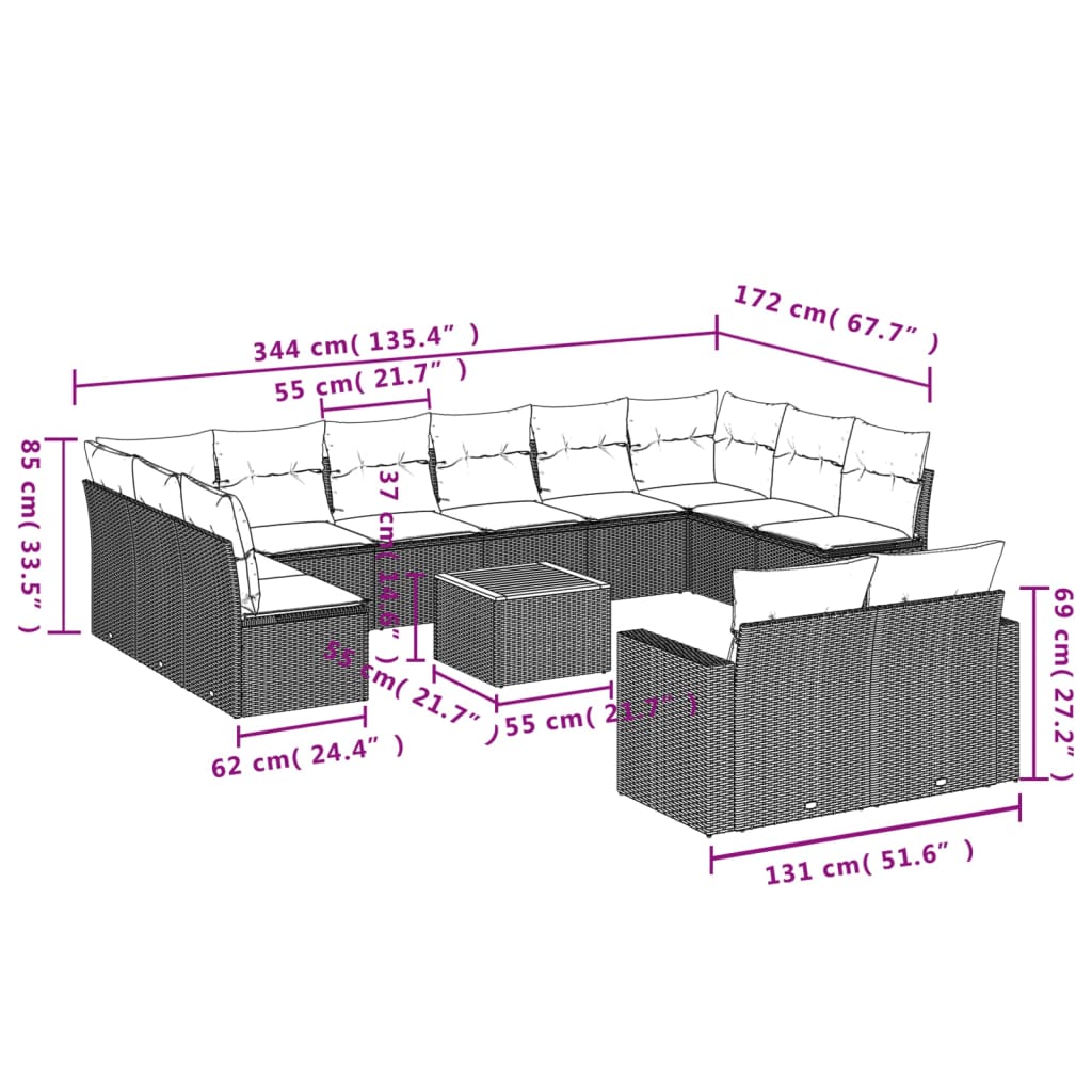 vidaXL 13-tlg. Garten-Sofagarnitur mit Kissen Grau Poly Rattan