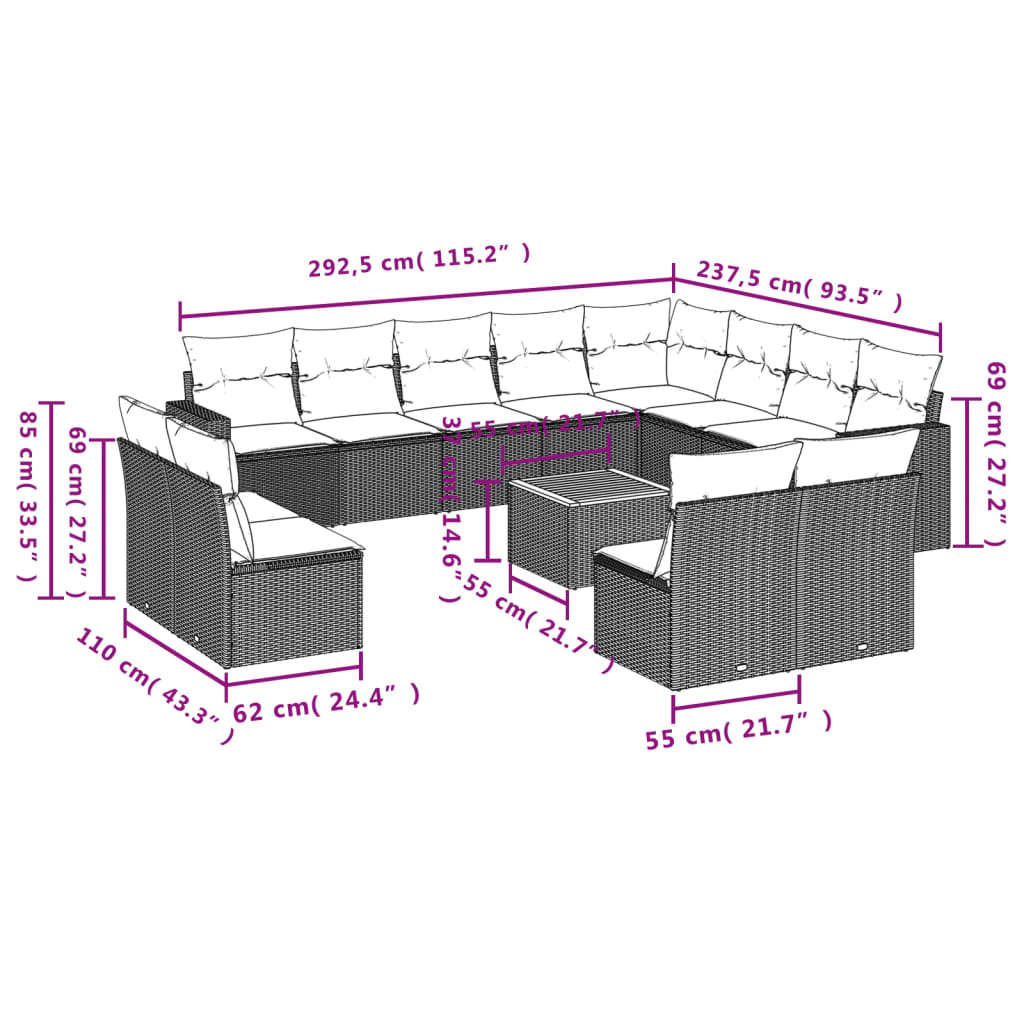 vidaXL 13-tlg. Garten-Sofagarnitur mit Kissen Grau Poly Rattan