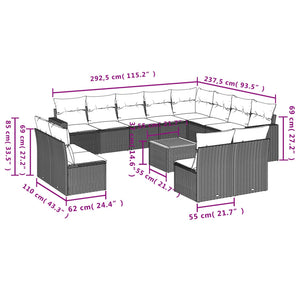 vidaXL 13-tlg. Garten-Sofagarnitur mit Kissen Grau Poly Rattan