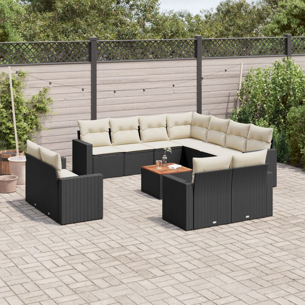 vidaXL 12-tlg. Garten-Sofagarnitur mit Kissen Schwarz Poly Rattan