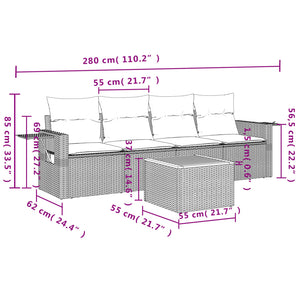 vidaXL 5-tlg. Garten-Sofagarnitur mit Kissen Schwarz Poly Rattan