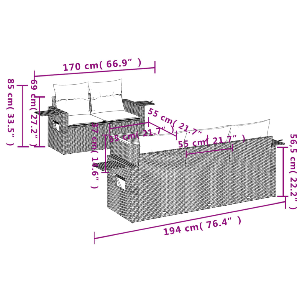 vidaXL 6-tlg. Garten-Sofagarnitur mit Kissen Schwarz Poly Rattan