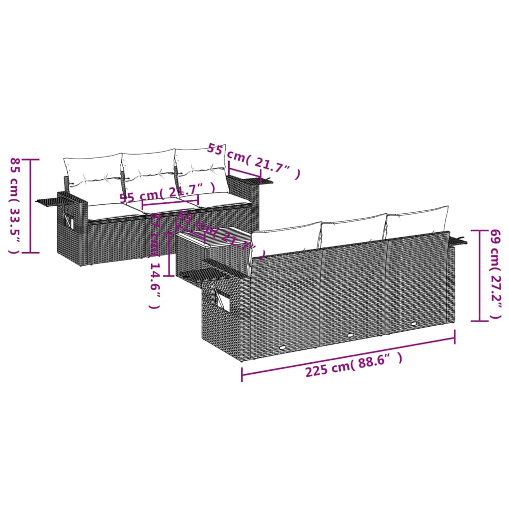 vidaXL 7-tlg. Garten-Sofagarnitur mit Kissen Schwarz Poly Rattan