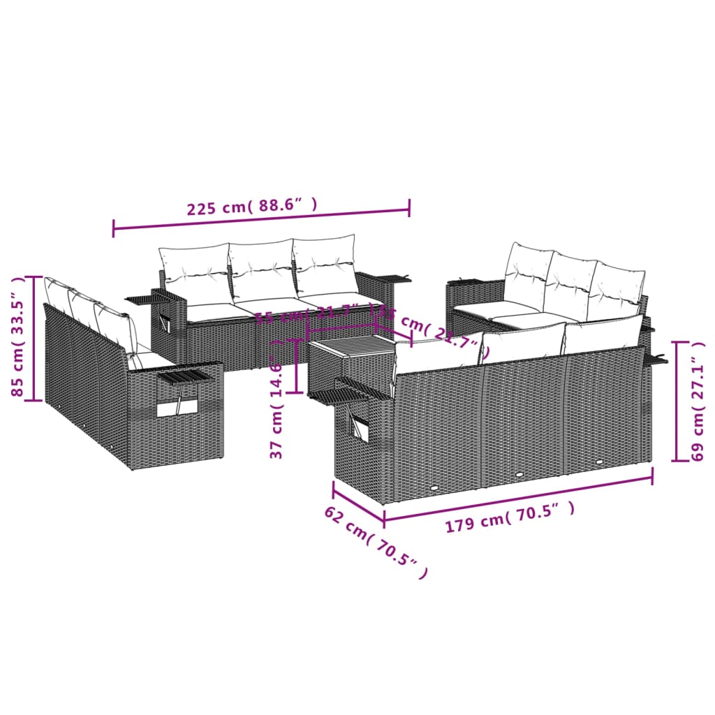 vidaXL 13-tlg. Garten-Sofagarnitur mit Kissen Schwarz Poly Rattan