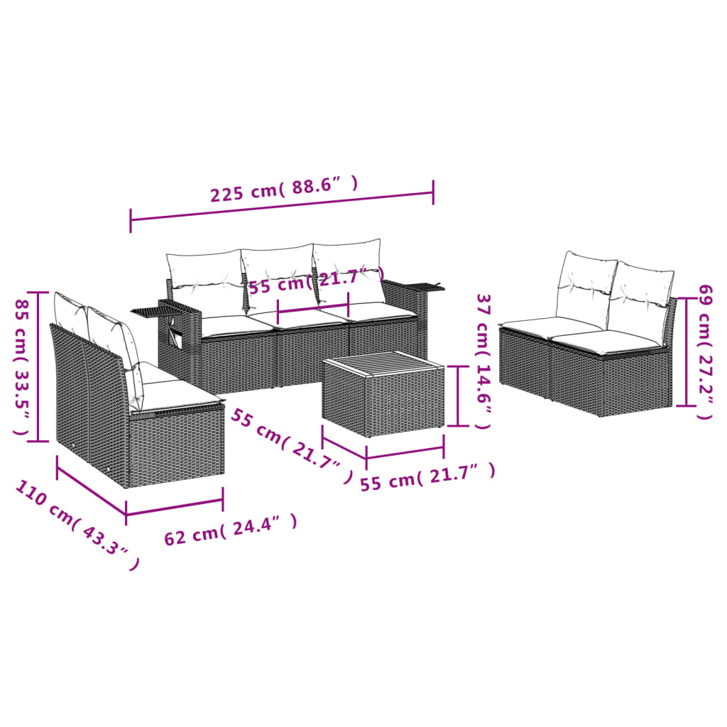 vidaXL 8-tlg. Garten-Sofagarnitur mit Kissen Schwarz Poly Rattan