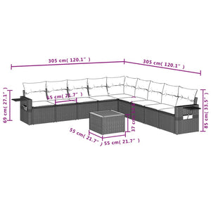 vidaXL 10-tlg. Garten-Sofagarnitur mit Kissen Schwarz Poly Rattan