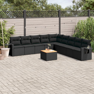 vidaXL 10-tlg. Garten-Sofagarnitur mit Kissen Schwarz Poly Rattan