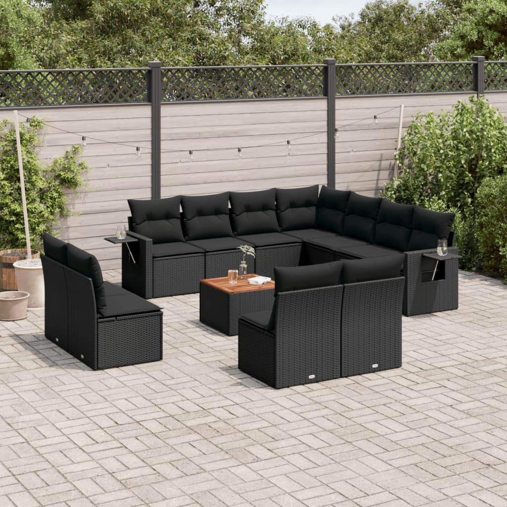 vidaXL 12-tlg. Garten-Sofagarnitur mit Kissen Schwarz Poly Rattan