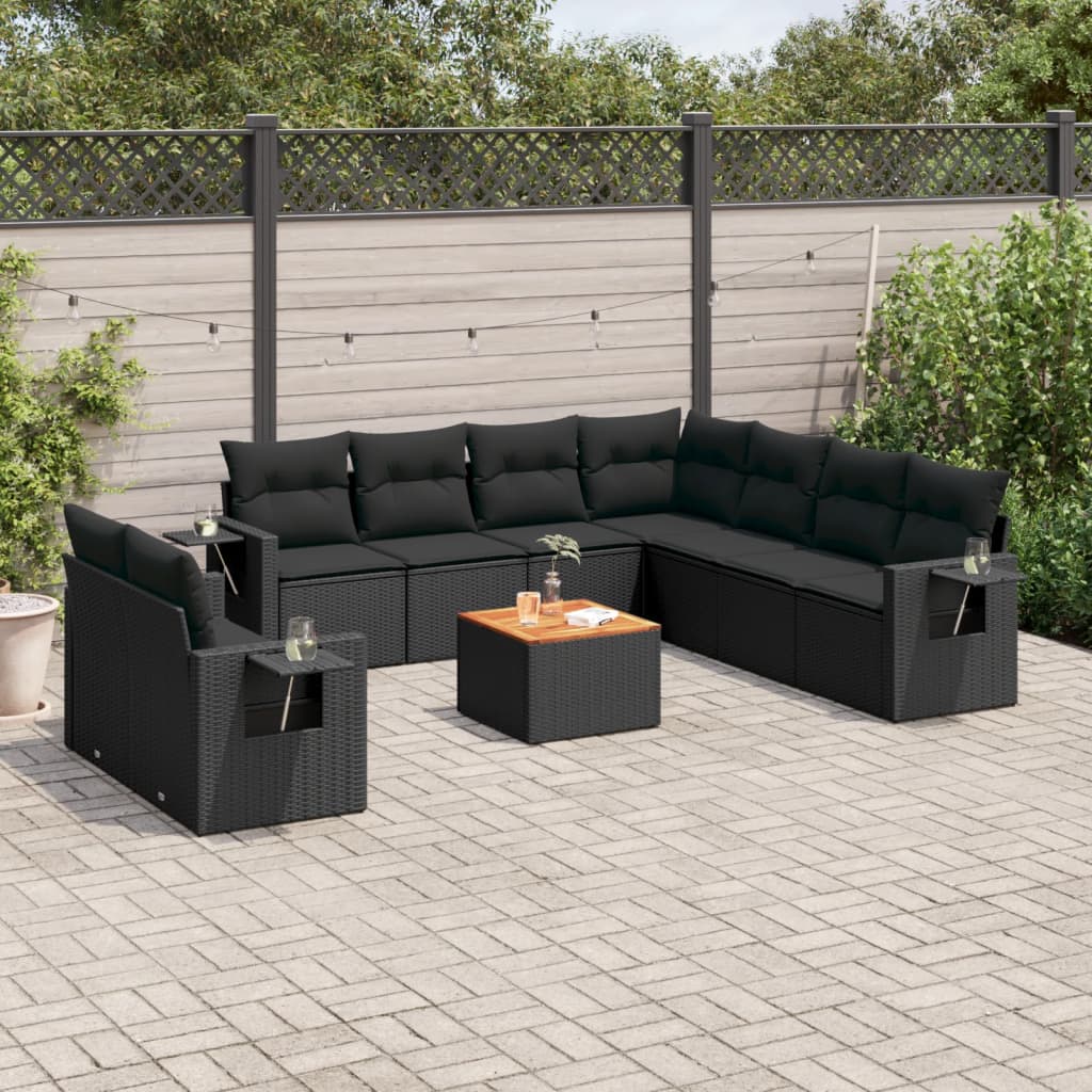 vidaXL 10-tlg. Garten-Sofagarnitur mit Kissen Schwarz Poly Rattan