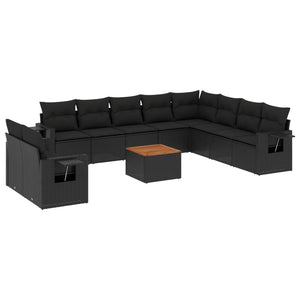 vidaXL 11-tlg. Garten-Sofagarnitur mit Kissen Schwarz Poly Rattan