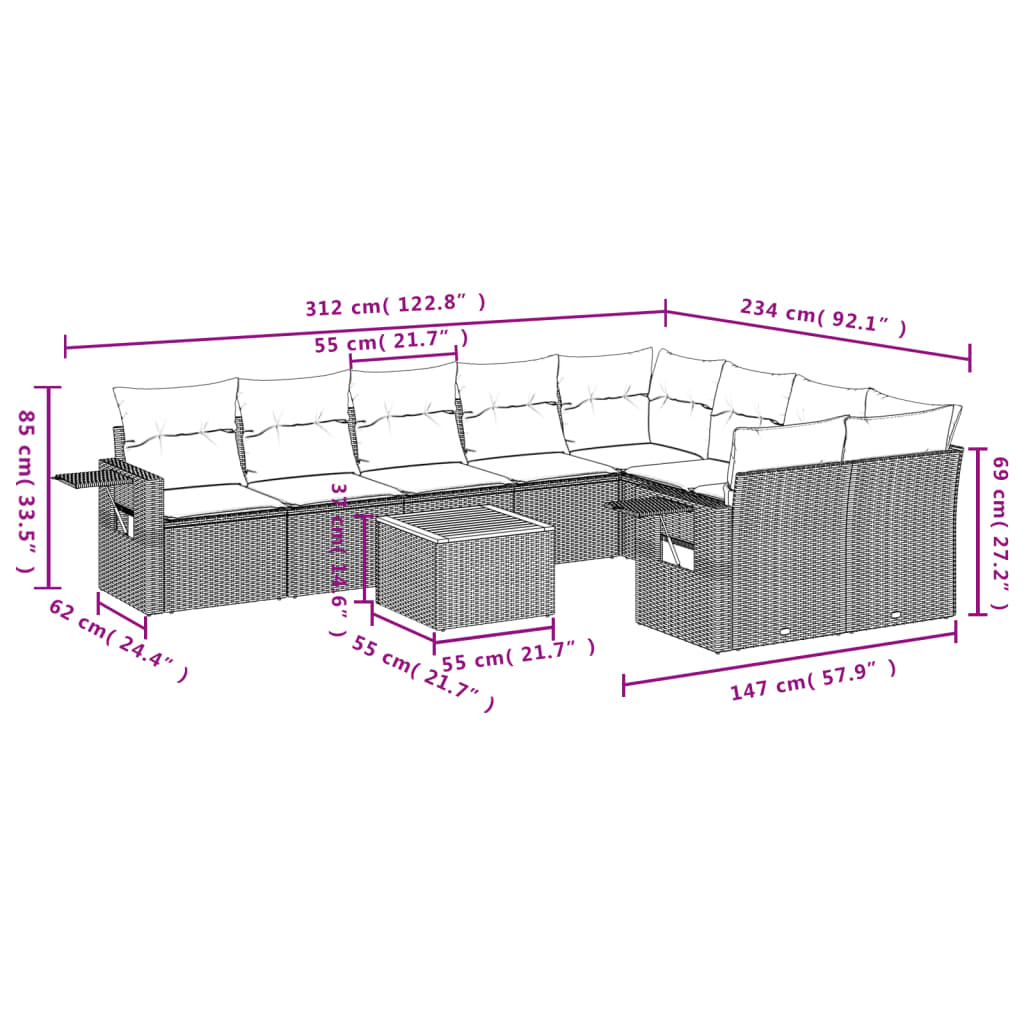 vidaXL 10-tlg. Garten-Sofagarnitur mit Kissen Schwarz Poly Rattan