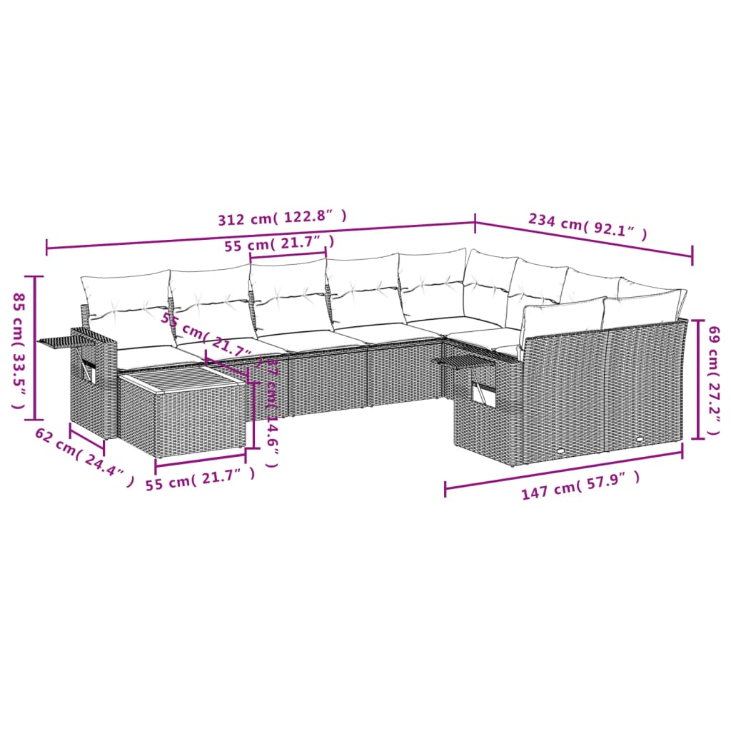 vidaXL 10-tlg. Garten-Sofagarnitur mit Kissen Schwarz Poly Rattan