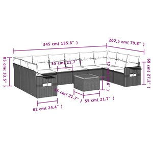 vidaXL 11-tlg. Garten-Sofagarnitur mit Kissen Schwarz Poly Rattan