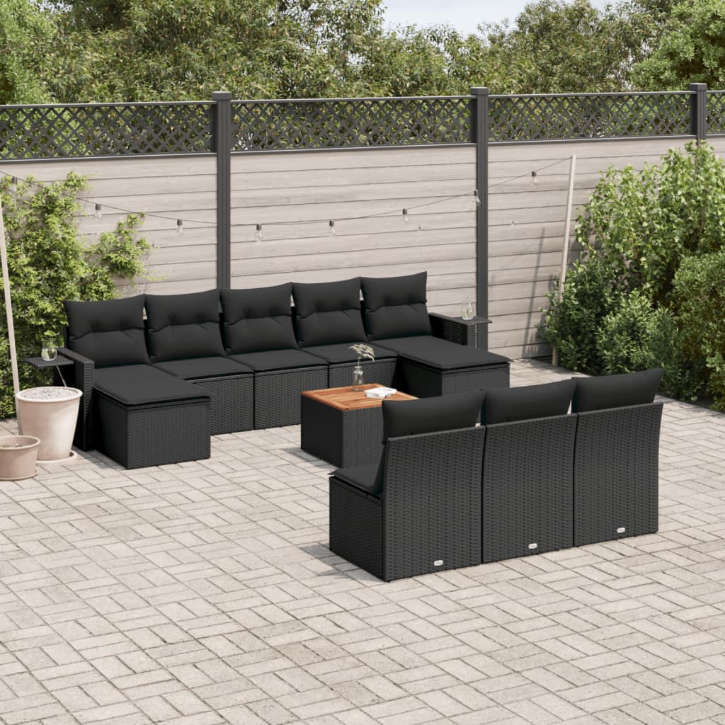 vidaXL 11-tlg. Garten-Sofagarnitur mit Kissen Schwarz Poly Rattan