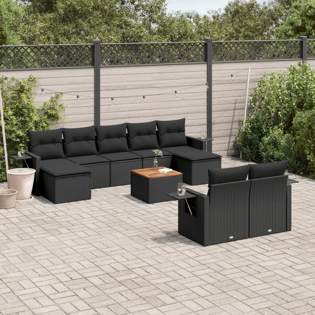 vidaXL 10-tlg. Garten-Sofagarnitur mit Kissen Schwarz Poly Rattan