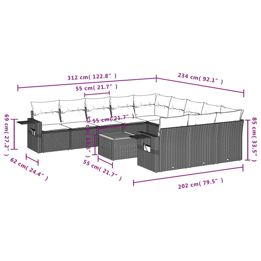 vidaXL 12-tlg. Garten-Sofagarnitur mit Kissen Schwarz Poly Rattan