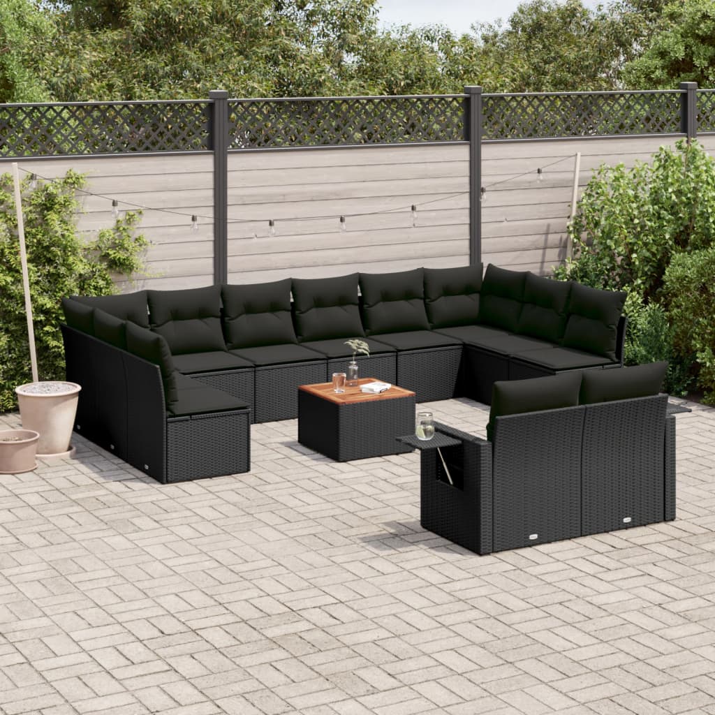 vidaXL 13-tlg. Garten-Sofagarnitur mit Kissen Schwarz Poly Rattan