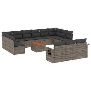 vidaXL 14-tlg. Garten-Sofagarnitur mit Kissen Grau Poly Rattan