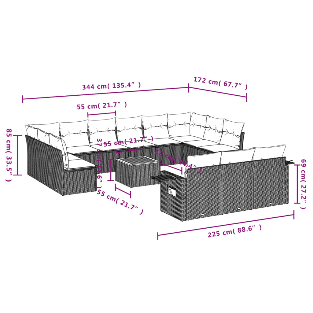 vidaXL 14-tlg. Garten-Sofagarnitur mit Kissen Grau Poly Rattan