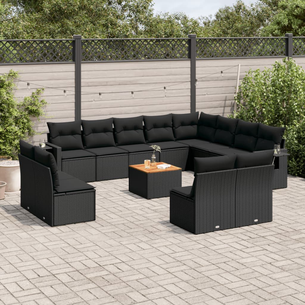 vidaXL 13-tlg. Garten-Sofagarnitur mit Kissen Schwarz Poly Rattan