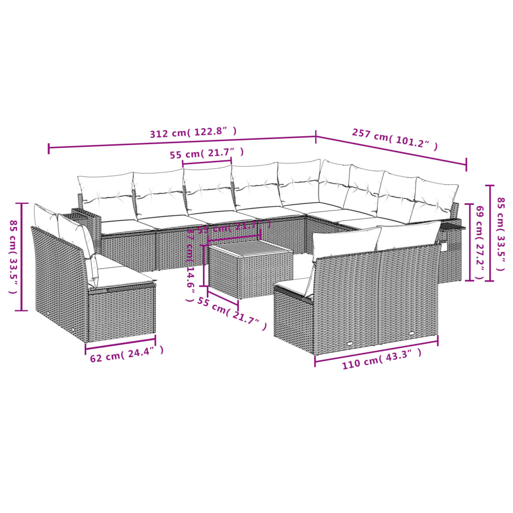 vidaXL 13-tlg. Garten-Sofagarnitur mit Kissen Grau Poly Rattan