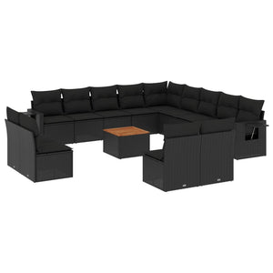 vidaXL 14-tlg. Garten-Sofagarnitur mit Kissen Schwarz Poly Rattan