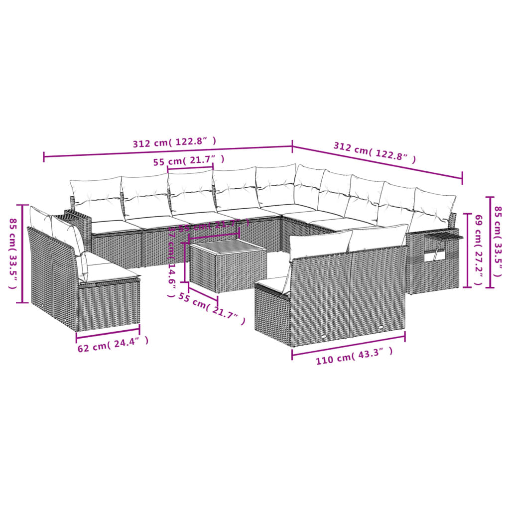 vidaXL 14-tlg. Garten-Sofagarnitur mit Kissen Schwarz Poly Rattan