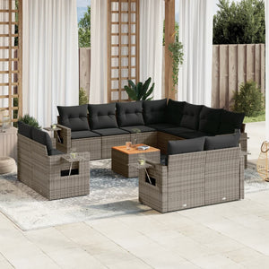 vidaXL 12-tlg. Garten-Sofagarnitur mit Kissen Grau Poly Rattan