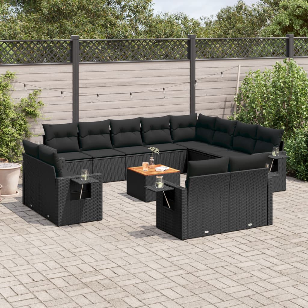 vidaXL 13-tlg. Garten-Sofagarnitur mit Kissen Schwarz Poly Rattan