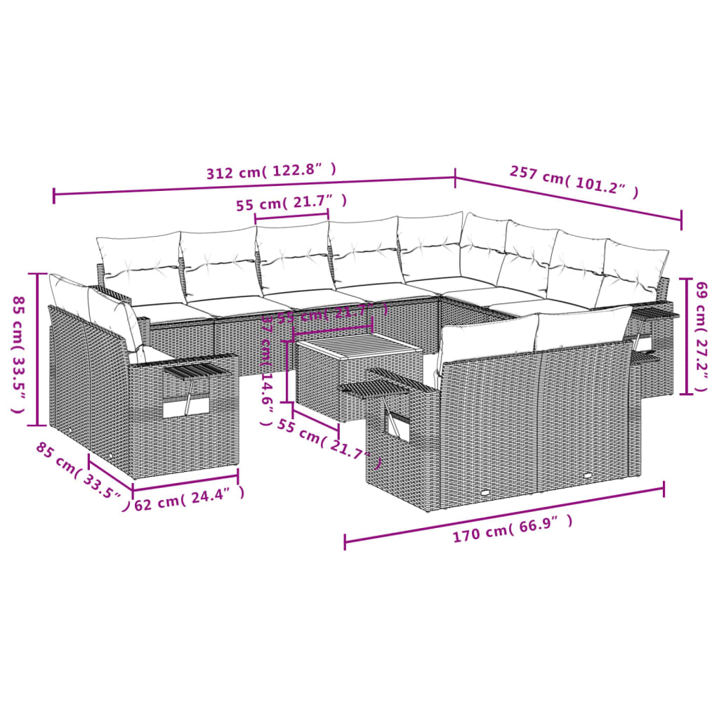 vidaXL 13-tlg. Garten-Sofagarnitur mit Kissen Grau Poly Rattan