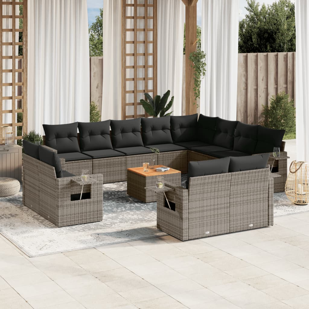 vidaXL 13-tlg. Garten-Sofagarnitur mit Kissen Grau Poly Rattan