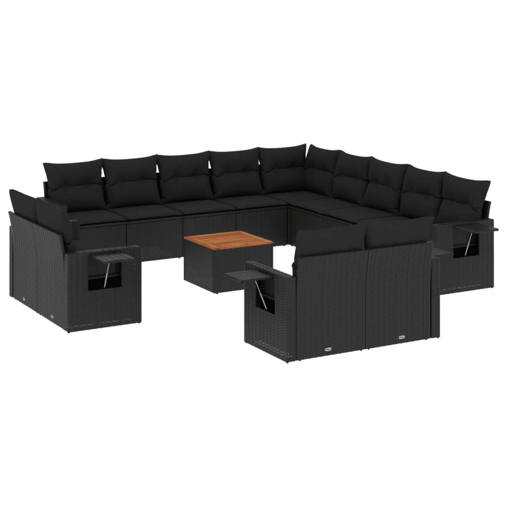 vidaXL 14-tlg. Garten-Sofagarnitur mit Kissen Schwarz Poly Rattan