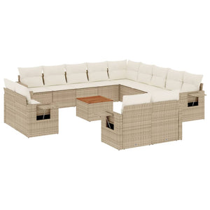 vidaXL 14-tlg. Garten-Sofagarnitur mit Kissen Beige Poly Rattan