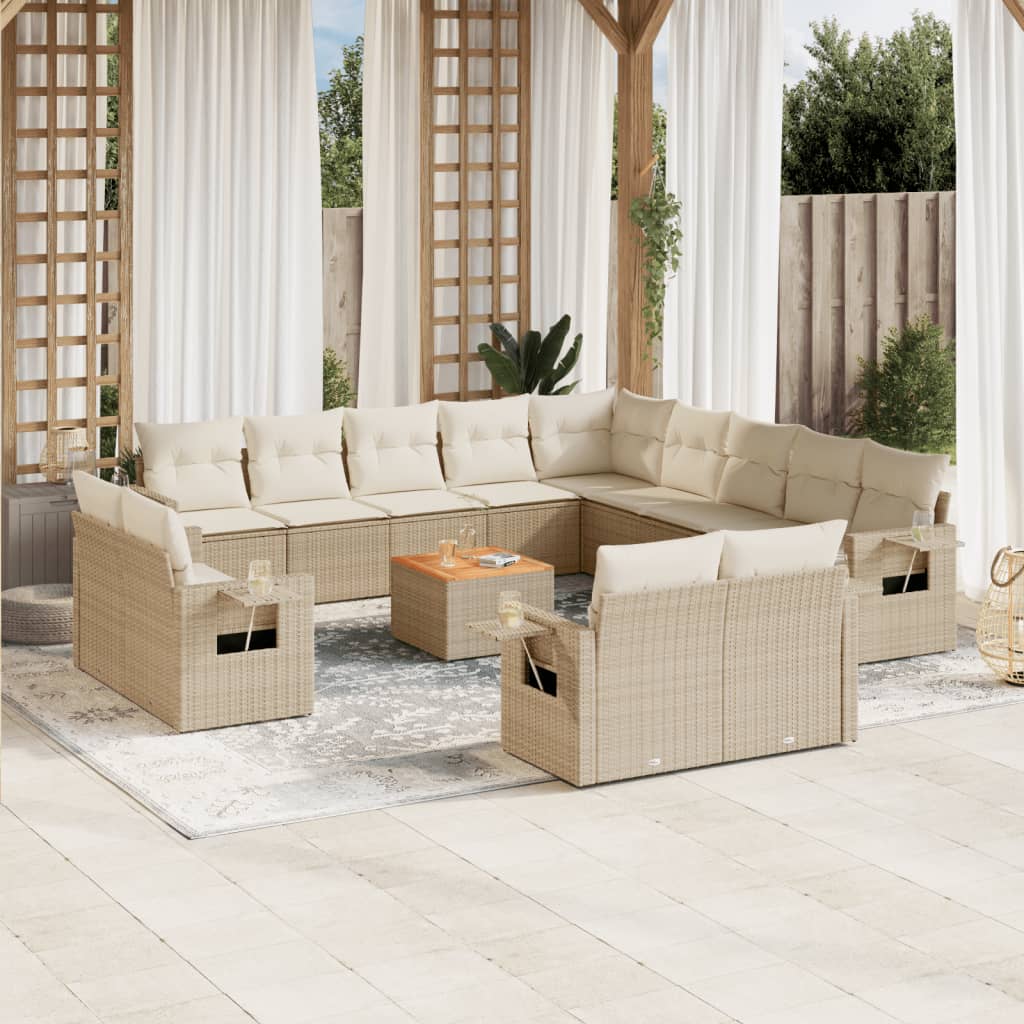 vidaXL 14-tlg. Garten-Sofagarnitur mit Kissen Beige Poly Rattan