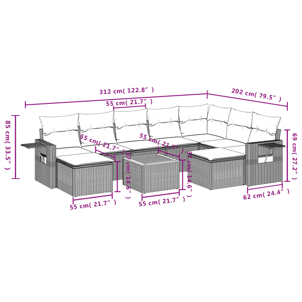 vidaXL 10-tlg. Garten-Sofagarnitur mit Kissen Schwarz Poly Rattan