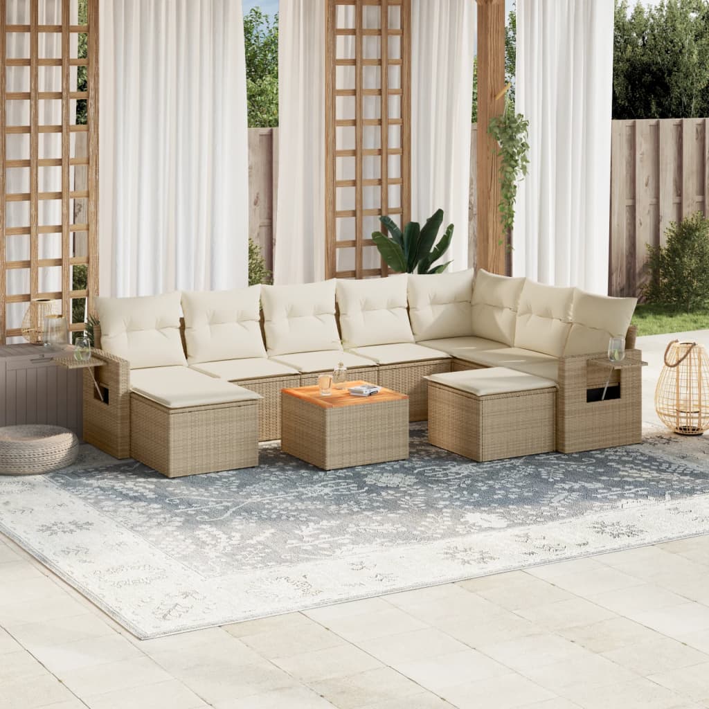 vidaXL 10-tlg. Garten-Sofagarnitur mit Kissen Beige Poly Rattan