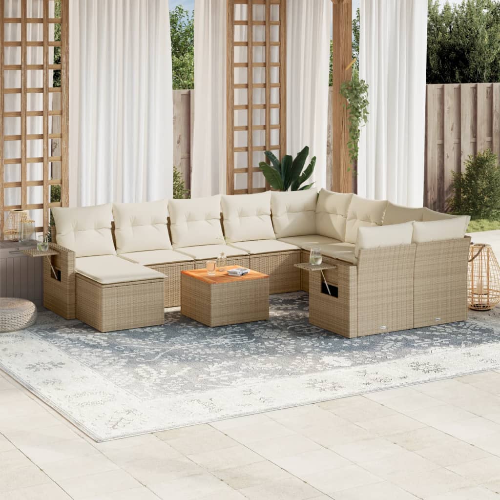 vidaXL 11-tlg. Garten-Sofagarnitur mit Kissen Beige Poly Rattan