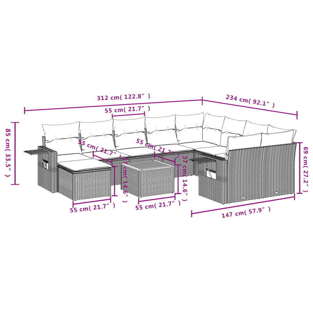 vidaXL 11-tlg. Garten-Sofagarnitur mit Kissen Grau Poly Rattan