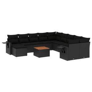 vidaXL 12-tlg. Garten-Sofagarnitur mit Kissen Schwarz Poly Rattan