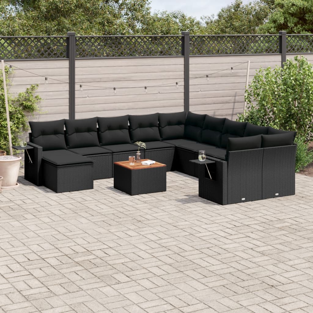 vidaXL 12-tlg. Garten-Sofagarnitur mit Kissen Schwarz Poly Rattan