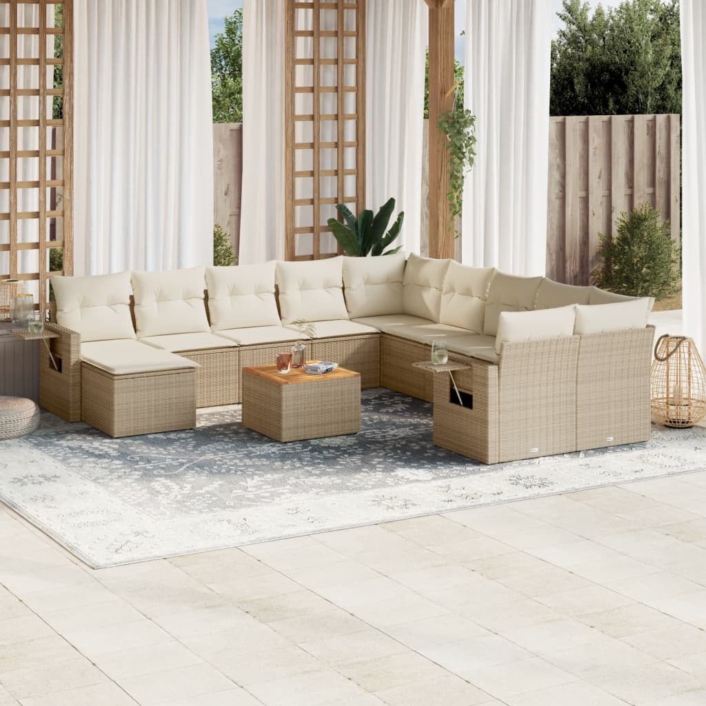 vidaXL 12-tlg. Garten-Sofagarnitur mit Kissen Beige Poly Rattan