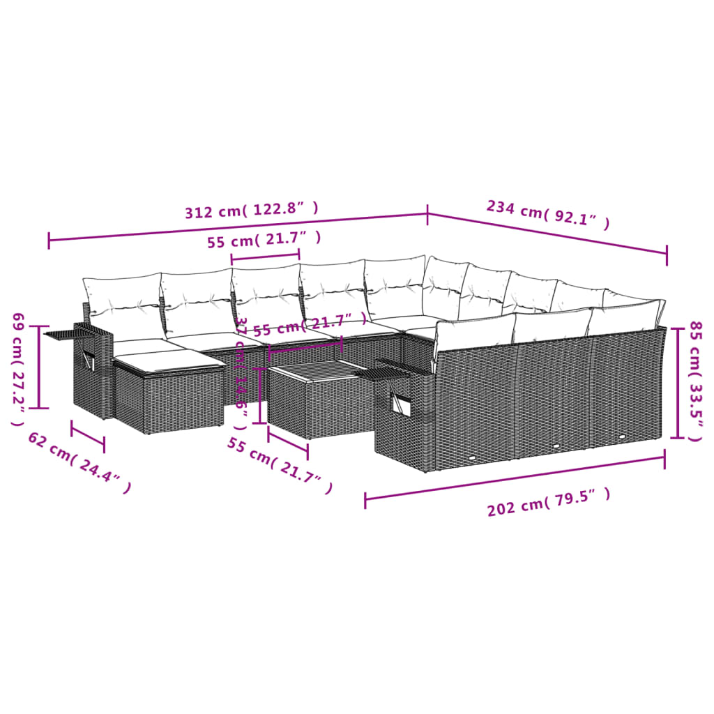 vidaXL 12-tlg. Garten-Sofagarnitur mit Kissen Grau Poly Rattan