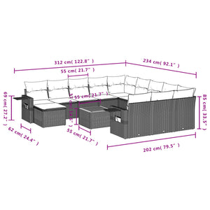 vidaXL 12-tlg. Garten-Sofagarnitur mit Kissen Grau Poly Rattan