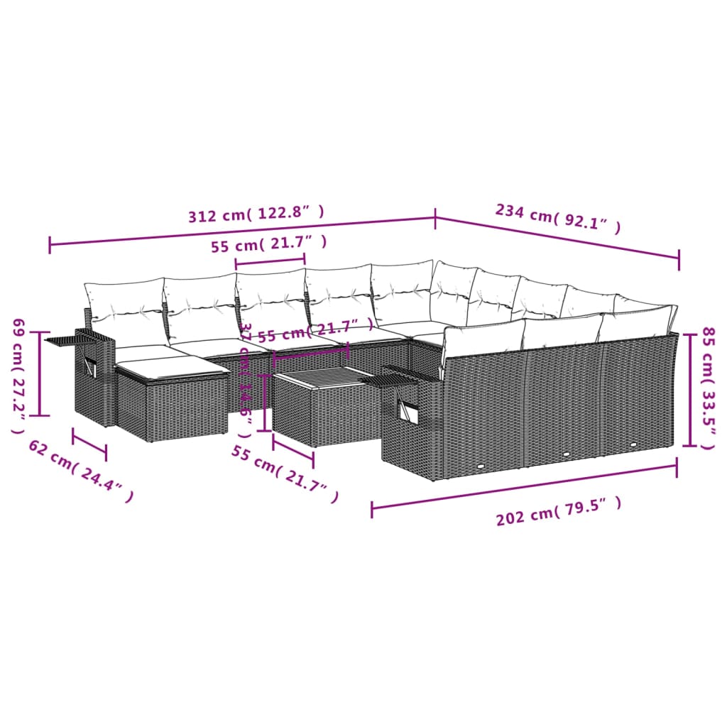 vidaXL 13-tlg. Garten-Sofagarnitur mit Kissen Schwarz Poly Rattan